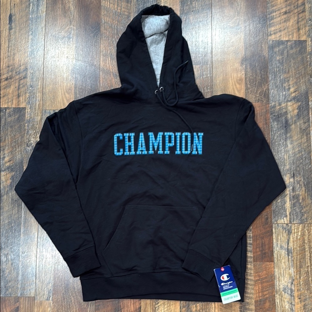 NWT Champion Black Hoodie with Vibrant Blue Checkered Text